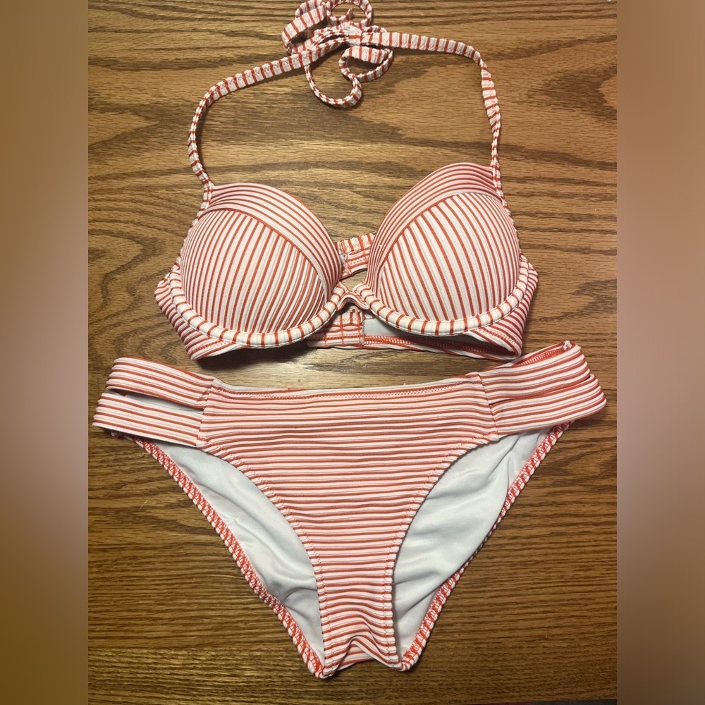 Shade & Shore Red and White Stripped Bikini 2 Piece Set